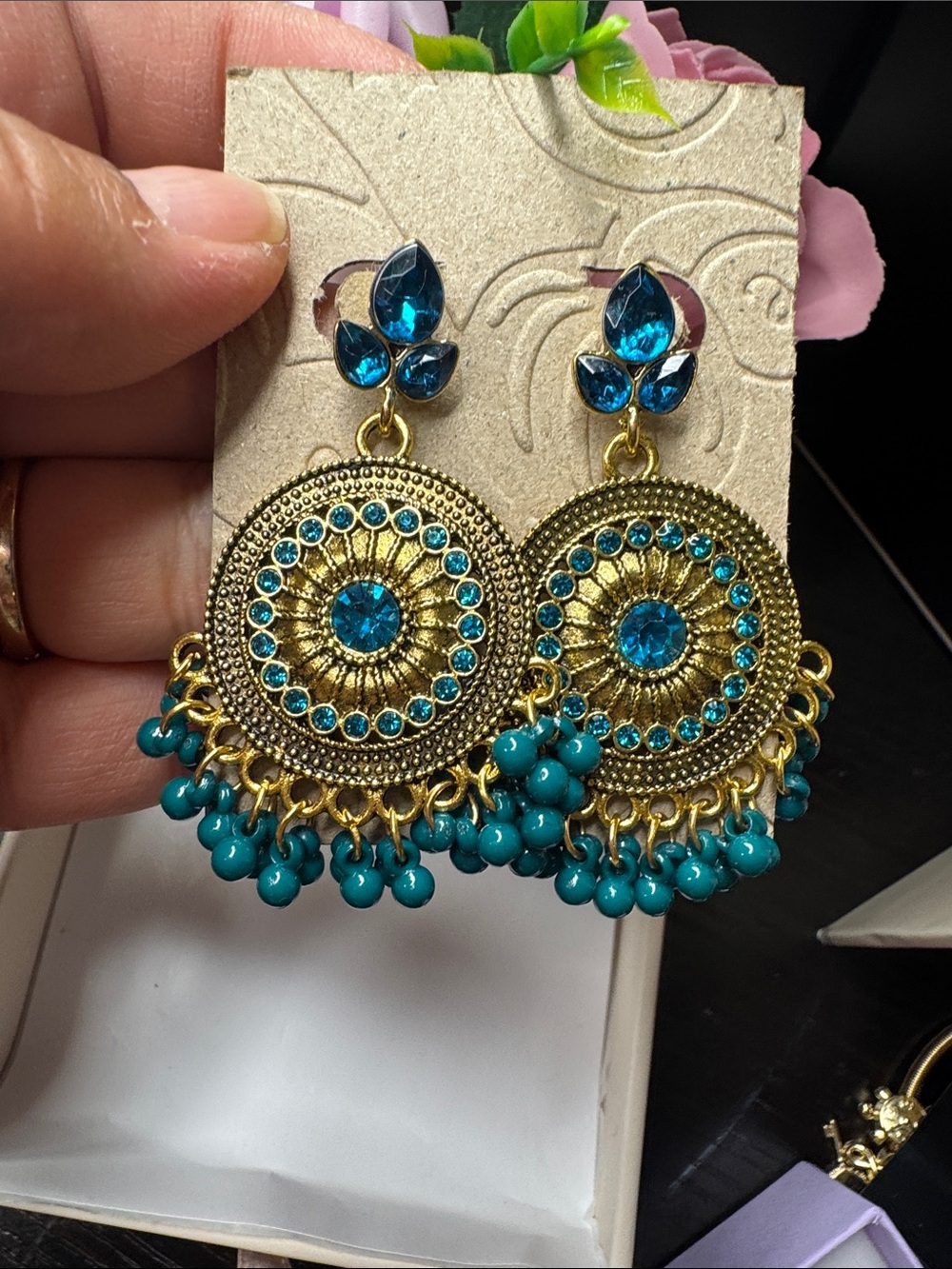 Gold-Tone Teal Crystal Drop Earrings - Unbranded